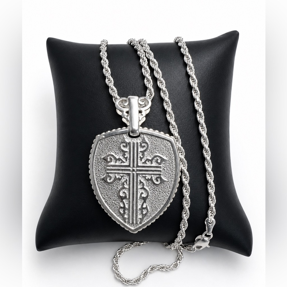 925 Sterling Silver Shield Cross Pendant Necklace - Silver Jewelry